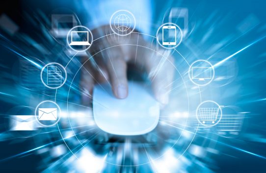 Man using mouse payments online shopping and icon customer network connection fast speed, m-banking and omni channel