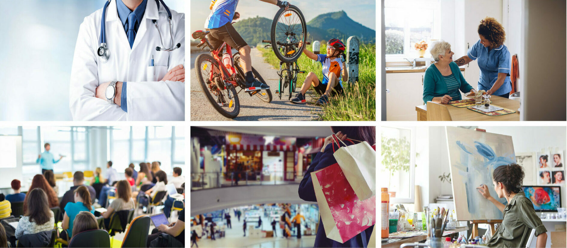 Collage of diverse activities including healthcare, cycling, education, retail and creative hobbies, representing the wide range of groups supported by Temple Legal Protection’s BTE insurance